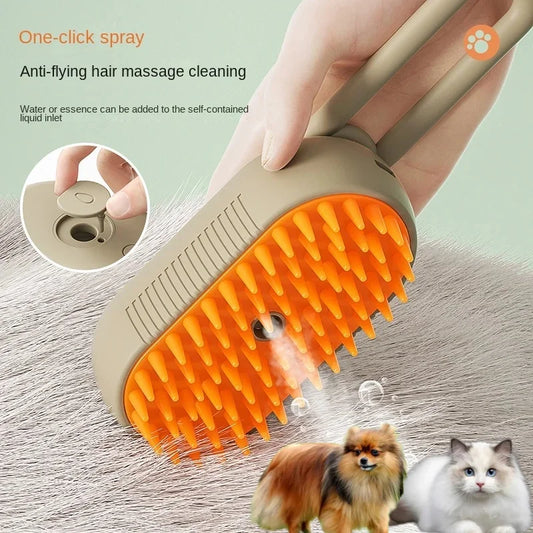 A handheld pet grooming tool with orange bristles and a built-in spray mechanism, designed for cleaning and massaging pet fur. The brush is shown in use on a furry surface, with icons of a dog and a cat indicating suitability for both pets. Text on the image highlights features like "One-click spray" and "Anti-flying hair massage cleaning."