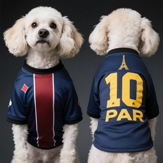 Paris Saint-Germain dog jersey in navy blue polyester with red and white stripes, perfect for summer football-loving pets.