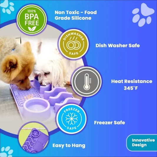 Silicone Pet Slow Feeder Mat in purple used by two dogs, made from BPA-free, food-grade silicone. Dishwasher, freezer safe and heat resistant to 345°F.