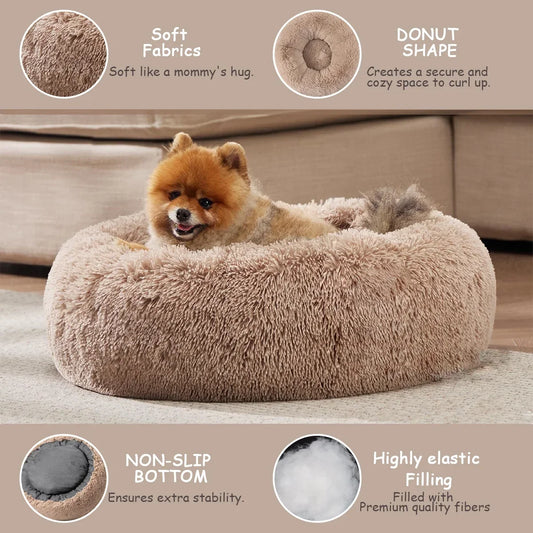 Pet Bed Winter Warmth - Soft Plush Comfort in donut shape with coral fleece, ideal for dogs and cats. Features non-slip bottom and elastic filling.