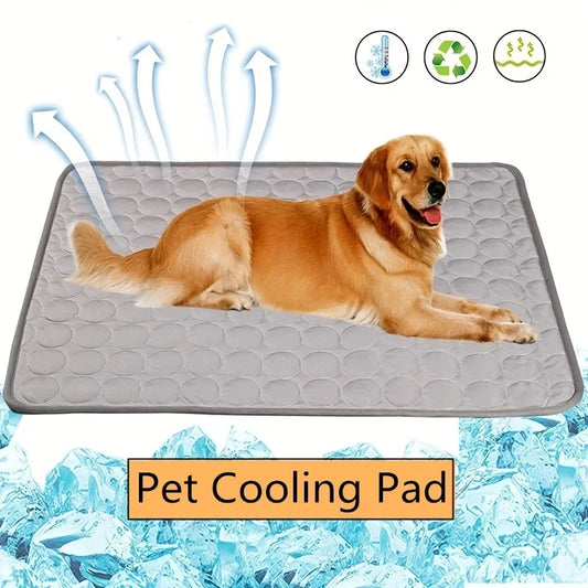Breathable Cooling Dog Mat with golden retriever lying on gray summer pad, ideal for pets to stay cool. Washable and eco-friendly pet bed design.