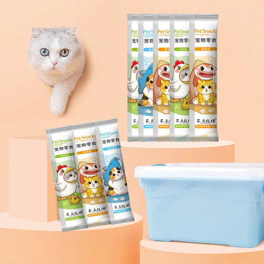 Cat Snack Selection: Paste & Strips - Cat Snacks Nutritional in assorted flavors like tuna and chicken with illustrated packaging. Healthy treats for cats.