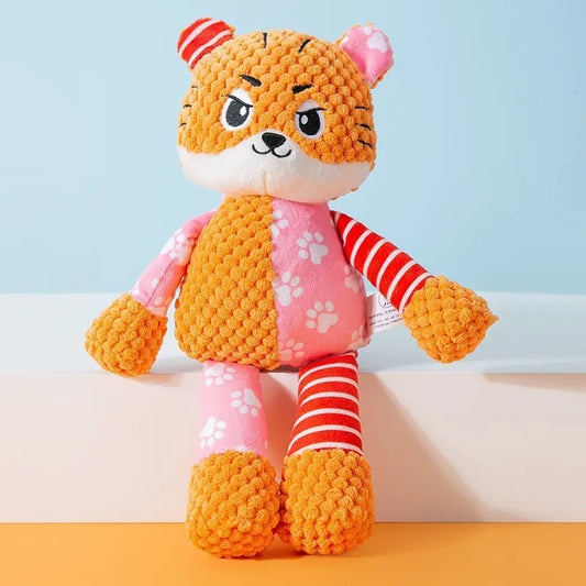 Interactive Squeaky Pet Dog Toy shaped like a tiger with orange textured fabric and pink paw-print patches. Durable fleece toy for playful dogs.