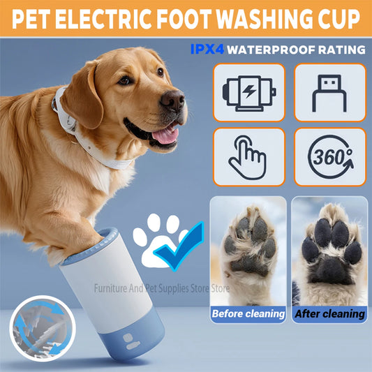 Golden retriever using Pet Paw Cleaner - Automatic & Portable | No Chemical Plastic, showing before and after paw cleaning results. Ideal for pet grooming.
