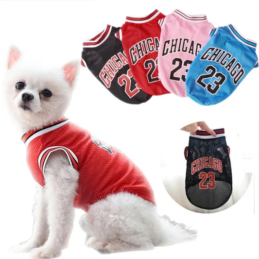 White puppy wearing red Summer Dog Basketball Jersey with 'Chicago 23' print. Breathable mesh fabric ideal for spring and summer pet wear.
