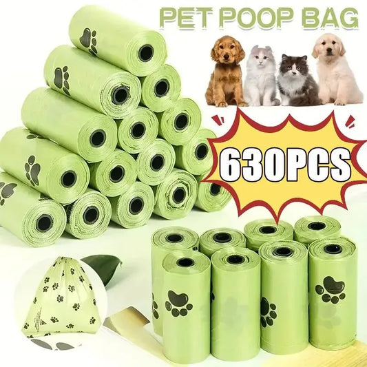 Biodegradable dog poop bags with dispenser, 630PCS set in green color with paw print design. Eco-friendly and chemical-free pet waste solution.