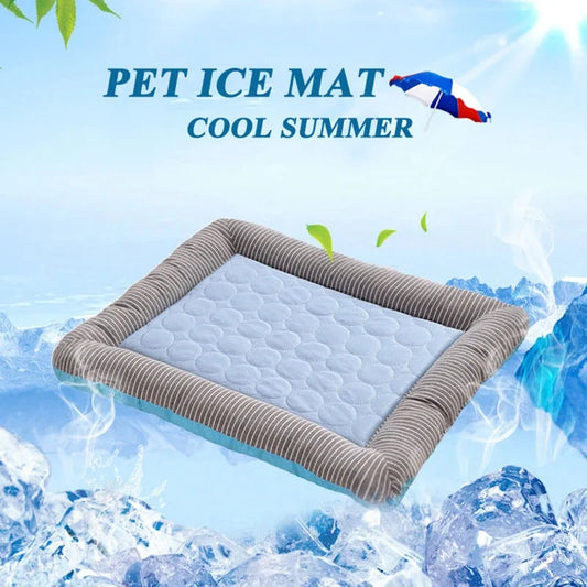 Breathable cooling pet bed mat with soft ice silk surface and striped cotton edges, ideal for dogs and cats up to 15kg. Washable and summer-ready.