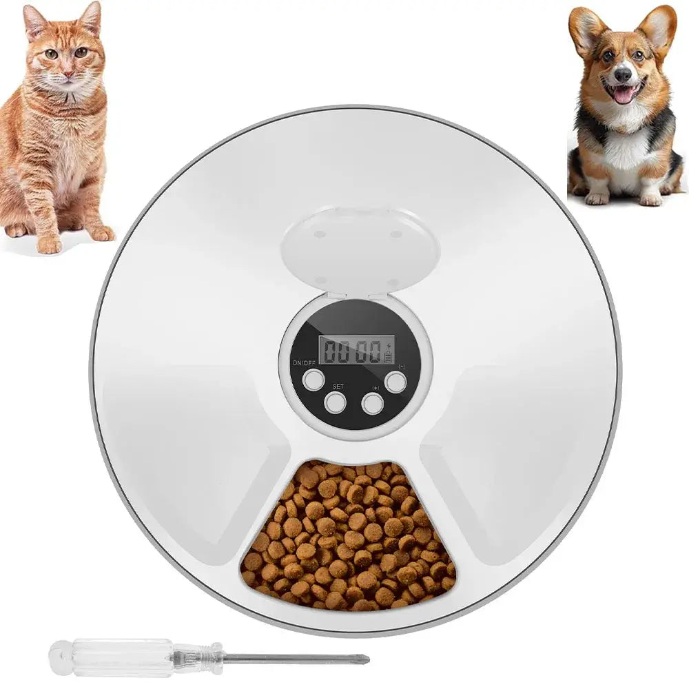 Automatic pet feeder with digital display and buttons for cats and dogs. Compact design with portion control features.