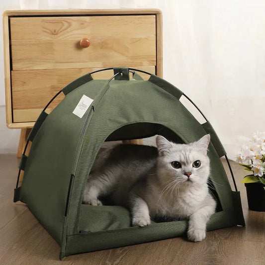 Gray cat resting inside a green tent-style pet shelter with arched entrance, placed on wooden floor beside nightstand and flower arrangement.