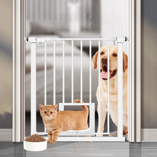 White pet gate with integrated small door, designed to restrict large pets while allowing smaller pets to pass through freely.
