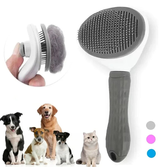 Pet grooming brush with comfortable handle and fine metal bristles, shown with self-cleaning button feature and illustrations of various dog and cat breeds, plus color options in gray, pink, blue, and white.