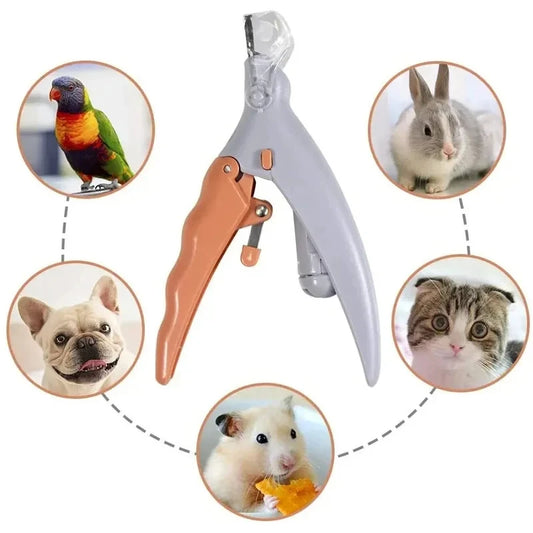 Pet nail clipper with gray and orange handle and transparent safety cover, surrounded by circular images of a parrot, rabbit, dog, cat, and hamster, indicating suitability for multiple pet types.