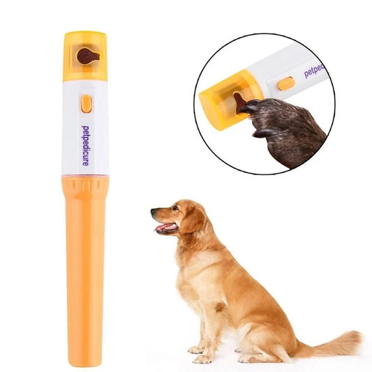 Orange and white pet nail grinder labeled "pedicure," shown with close-up of dog's paw being groomed and full image of dog sitting, highlighting safe trimming functionality.
