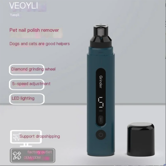 Electric pet nail polisher in dark blue with digital display, LED lighting, diamond grinding wheel, and 5-speed adjustment, shown with cap removed and labeled features for grooming cats and dogs.