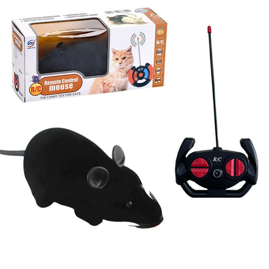 Remote control mouse toy for cats featuring black realistic mouse and R/C controller with antenna, shown with packaging labeled 'The Funny Toy for Cats.'