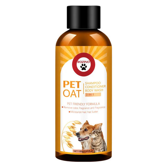 ROZINO pet care bottle labeled oat shampoo, conditioner, and body wash 3-in-1, featuring orange and white design with black cap and dog illustration.
