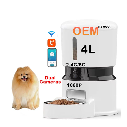 Smart pet feeder with 4-liter capacity, dual 1080P cameras, and 2.4G/5G Wi-Fi connectivity, shown with smartphone app and fluffy dog beside it.