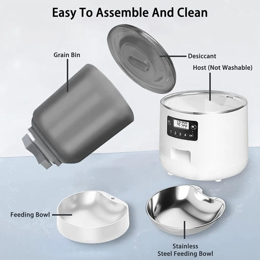 Labeled diagram of smart pet feeder showing grain bin, desiccant, electronic host, and detachable feeding bowls including stainless steel option.