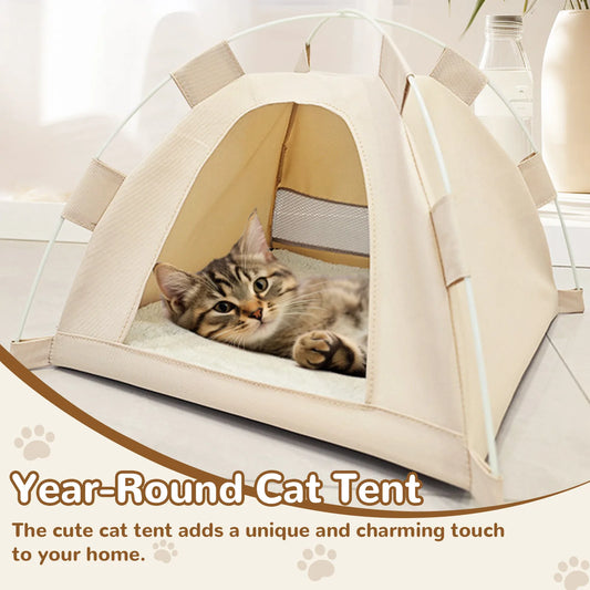 Beige triangular cat tent with mesh ventilation and white support rods, featuring a relaxed tabby cat inside and a decorative indoor setting.