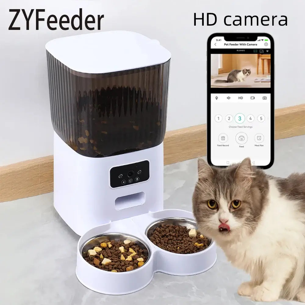 ZYFeeder smart pet feeder with HD camera and dual metal bowls, shown with cat and smartphone app displaying live feed and control buttons.